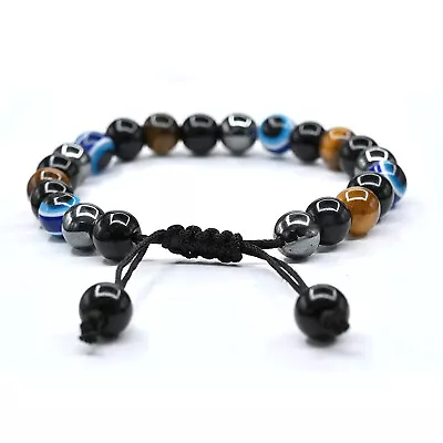 $8.49 • Buy Evil Eye Triple Protection Natural Tiger Eye Stone Meditation Bracelet For Men
