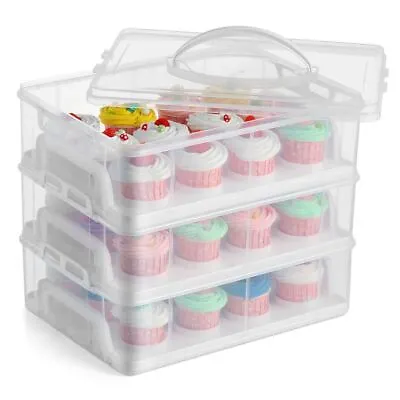 3 Tier Stackable Cupcake Carrier Box Muffin Cake Holder Plastic Clear Container • £19.99