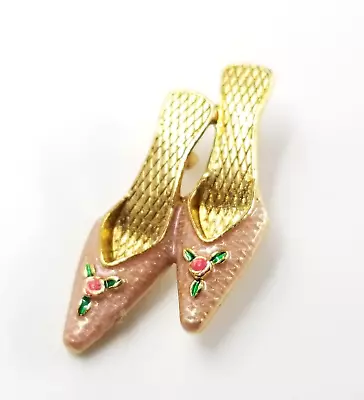 VTG Avon Pink High Heel Slipper Shoes Mules Floral Gold Tone Enamel Pin Tie Tack • $11.04