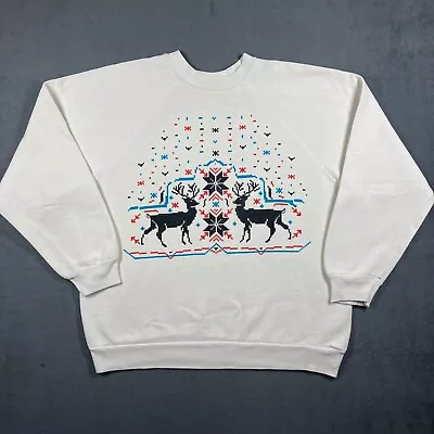 Vtg 90s Tultex White Sweater Christmas Snow Deer Size M • $11.68