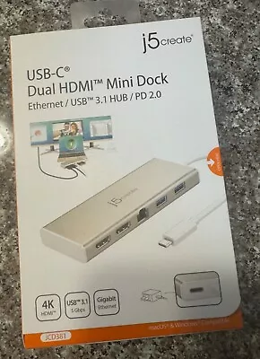 J5create USB Type-C Dual HDMI Mini Dock Ethernet / USB 3.1 HUB / PD 2.0 - JCD381 • $57.50