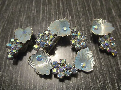 Vintage West Germany Aurora Borealis Enamel Blue Leaf Silver Tone Brooch Pin • $20