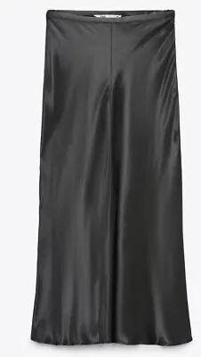$35 • Buy Zara New Satin Effect Midi Skirt Dark Grey Size M 9479/262