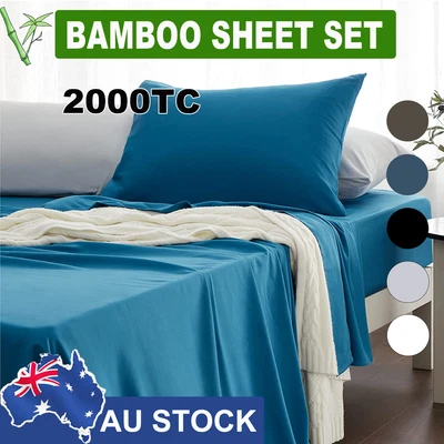 $36.99 • Buy 4Pcs Ultra Soft Cooling Bamboo Sheet Set 2000TC Fitted Sheet Queen King Single