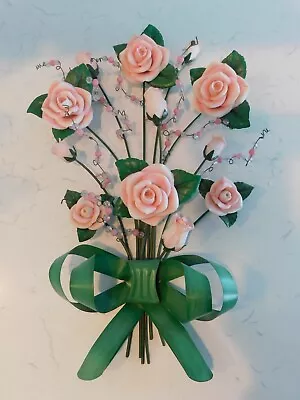 18  Porcelain-Like Roses W/Beading & Metal Indoor/Ourdoor Wall Hanging Sculpture • $24.99