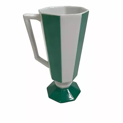Seyei Fine China Green & White Striped Tall Coffee Tea Cup Pedestal Mug Mod Vtg • $14.97