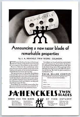 J. A. Henckels  Twin Works  Razor Blade Solingen Fine Cutlery 1929 Print Ad • $12.99