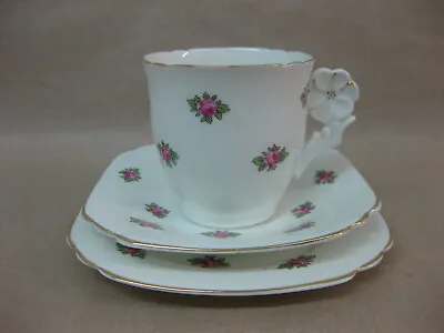 Collingwood Bone China ~ Cup Saucer & Plate Trio ~ Pink Roses / Flower Handle • £13.99