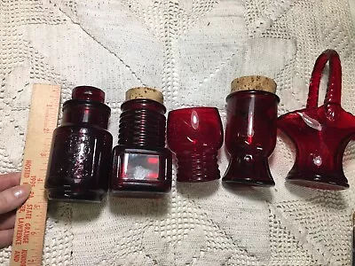 Lot 5 Wheaton NJ Ruby Red Glass Apothecary Lidded Jars- &Westmoreland 7” Basket • $55.99