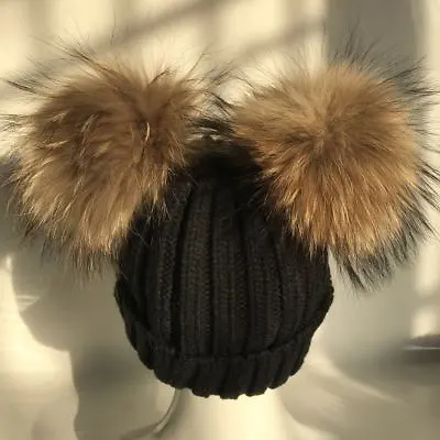 Real Raccoon Fur Double 2 Pompom Ball Black Knitted Knit Hat Beanie Cap Warm Hat • $18