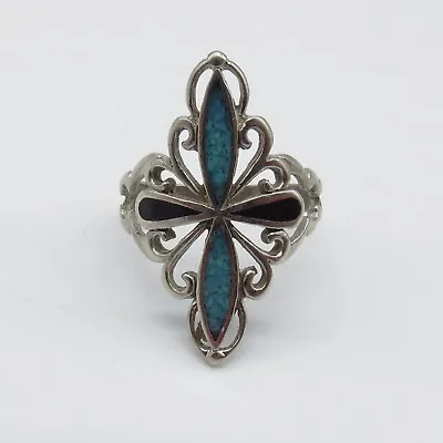 VTG Enamel Scrolls Statement Ring Size 7 Art Nouveau Style Blue Black Silver Ton • $10.49