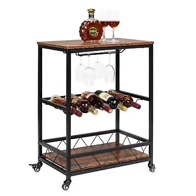 $58.69 • Buy 2 Tiers Rolling Serving Wine Cart Cellar Home Kitchen Trolley Glass Cup Rack
