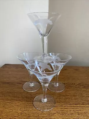 SET OF 4 ETCHED DUCK MALLARD 4-1/2  Stemmed Cordial Dessert Wine Martini Glasses • $9.99