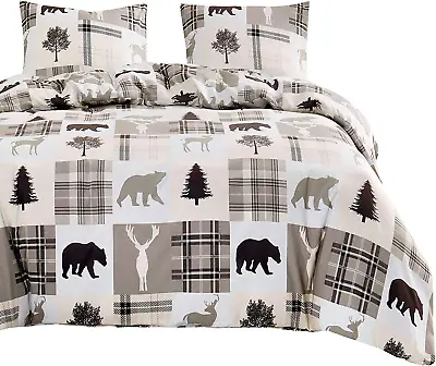 - Rustic Patchwork Comforter Set Lodge Woodland Wildlife Bear Moose Elk Pine Tr • $75.99