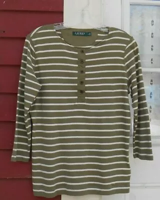 Lauren Ralph Lauren Olive Green/White Stripe 3/4 Sleeve Henley Look Tee Large • $8.99