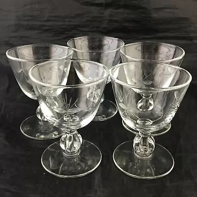 Vintage Clear Etched Glass Wine/claret Glass Set 5 Stemware 3 3/4  Tall • $57