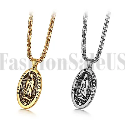 Mens Stainless Steel Virgin Mary Guadalupe Oval Medal Pendant Necklace W Chain • $9.49