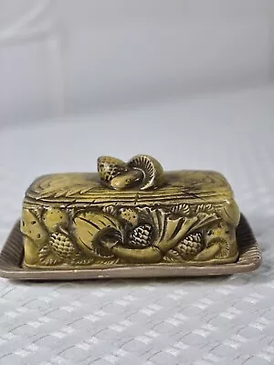 Vintage Ceramic Retro Mushroom Butter Dish Popular Relief Green Detailed  • $45.40