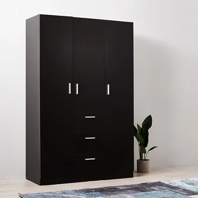 3 Door Triple Wardrobe 3 Drawers Black - Bedroom Furniture Storage Cupboard • £199.99