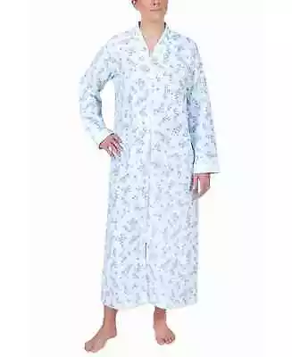 Miss Elaine Women's Quilted Printed Long Zipper Robe Blue Neutral Sprays Size L • $41.95