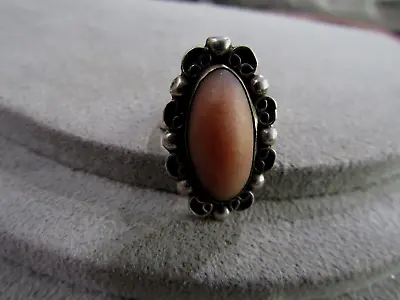Antique Vintage Sterling Silver Oval Pink Agate Ring Mexico Sz 4.5 • $30