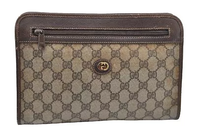 Authentic GUCCI Vintage Clutch Hand Bag Purse GG PVC Leather Brown 8469I • $180