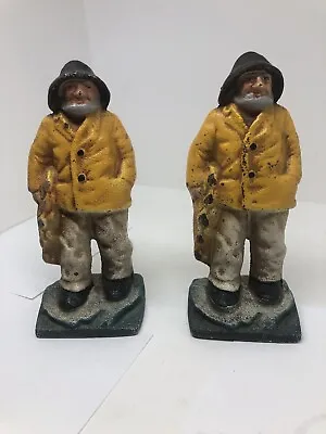 Pair Of Vintage Cast Iron ‘Old Salt’ Fisherman Bookends/Doorstop Unmarked Heavy • $90