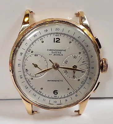 Suisse 18K Solid Gold Chronograph Runs 37mm #387-11 • $799.95