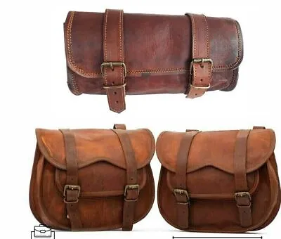 3 Side Saddle Bag Saddlebags Bags Tool Motorcycle Leather Pouch Panniers Brown • $58.83