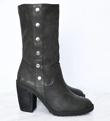 Me Too Rocker Charcoal Gray Leather Button Side Zip Mid Calf Boots Womens Sz 7.5 • $49.99