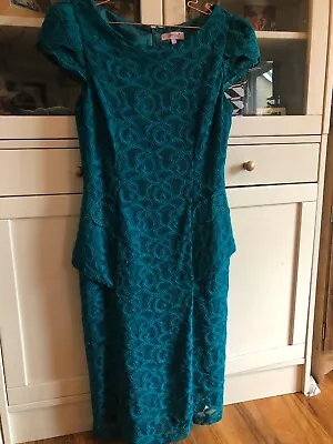 Per Una Peacock Blue Teal Lace Peplum Pencil Dress 14 Madmen • £18