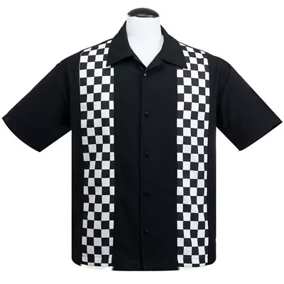 Steady Clothing CHECKERED MINI PANEL Rockabilly Bowlin Shirt - Black - US Size L • £53