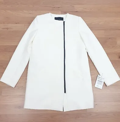 £79 ZARA Long Jacket Ivory White MId Length Womens Zip Up Blazer Coat Asymmetric • £19.99