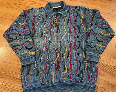 VTG COOGI Blues Men's Sweater Size Medium Collared 100% Cotton 3D Knit Pullover • $225