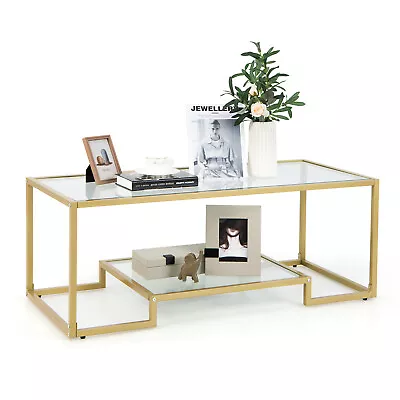 Coffee Table Rectangular Tempered Glass Accent Table Golden Frame Living Room • $112.95