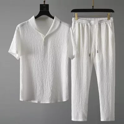 Summer Men's 2pc Cotton Linen Walking Suit Short Sleeve Casual Shirt & Pants Set • $21.55