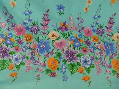 Vintage Fabric BIG FLORAL PRINT Blue W/ Flowers Colorful Fluorescent Birds I3 • $20.99