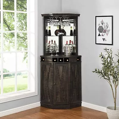 Mini Bar Corner Liquor Cabinet Wine Storage Stemware Rack Lower Cabinet Black  • $408.88