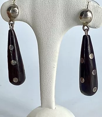 Rosewood Sterling Silver Inlay Vintage Dangle Earrings Mid Century Modern • $25