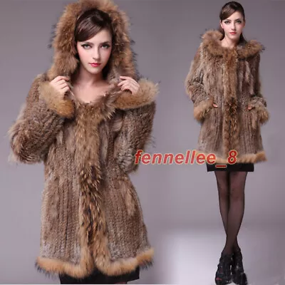 Women Raccoon Fur & Rabbit Fur Weave Coat Real Fur Jacket Hooded Outwear Warm • $163.62