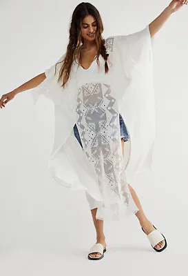 Free People Set The Table Kaftee Coverup Lace Embroidery Slits White XS/S NEW • £61.68