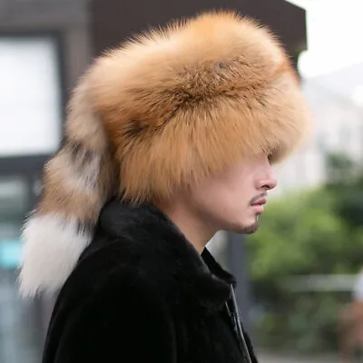 Men's Real Fox Fur Hat Russian Warm Ushanka Cossack Mongolia Hat Ski Cap Earlaps • $61.50