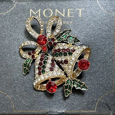 MONET Christmas Jingle Bells Brooch Pin NEW W/ Red Green And White Stones • $17.95