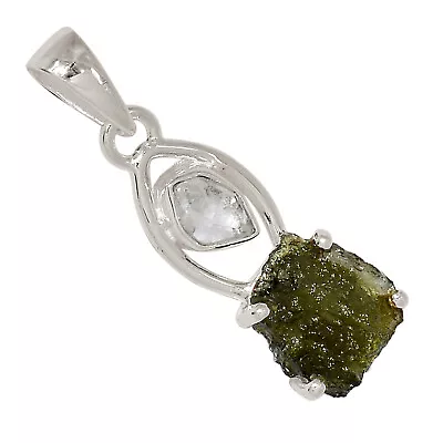 Natural Genuine Czech Moldavite & Herkimer Diamond 925 Silver Pendant ALLP-24555 • $33.99