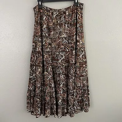 Metro Wear Brown Paisley Tiered Midi Skirt Size XL Stretch Elastic Waist Boho • $19.95