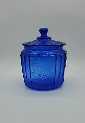 Anchor Hocking Mayfair Glass Biscuit Cookie Jar Cobalt Blue Open Rose 7.5  • $28