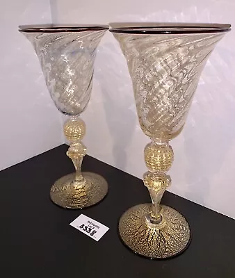 2 Murano Wine Glasses Venetian Italy Gold Fleck Black Rim Elegant Stemware Vtg • $213.75