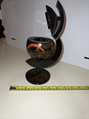 Vintage Oriental Black Lacquer Hand Painted Wood Globe Spinning Ashtray • $17.99