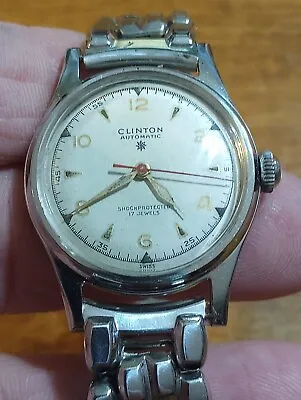 1940's Clinton Automatic Military Style Watch17J Hilton Runs Serviced Vtg BandM • $75