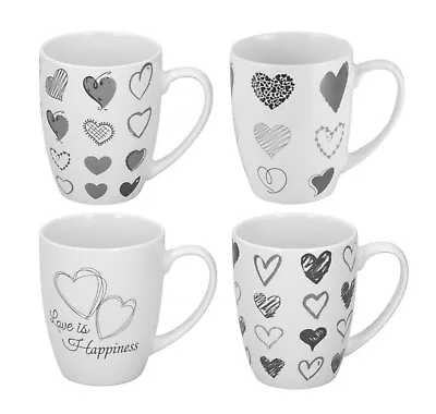 £14.99 • Buy Set Of 4 Coffee Mugs Tea Cups Porcelain Latte Hot Drink Pattern Grey Heart 366ml